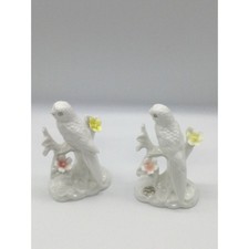 Vintage bird figurines pair of parakeets Lustreware Verithin floral white MCM 4"