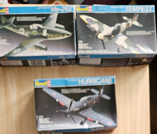 Three Revel model kits. 1:72. 1 x Hurricane, 1 x Tempest, 1 x Jetfighter Me262