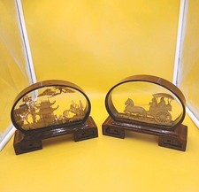 Chinese 3d Scene Asian Cork Diorama Glass Case Pair  VTG 8" Wood Effect