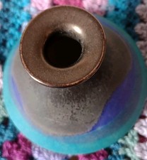 Small Studio Pottery Vase Turquoise Blue And Brown VGC 7cm Tall