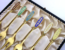 STUNNING DANISH STERLING SILVER GILT ENAMELLED FORKS c1960s CASED MEKA