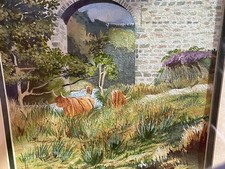 Highland Cows grazing in Scottish pasture. Original watercolour/ Gouache Framed