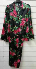 Ladies Ex Chain Store Black Pink Roses Satin Pyjama Set UK Size 8