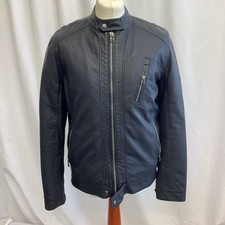 Men’s Red Herring Dark Blue Faux Leather Biker Style Zip up Jacket Size Medium