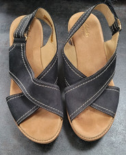Ladies Clarks Artisan Black Suede Wedge Sandals, size 5.5 E width