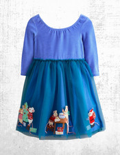 Mini Boden Girl's Velvet Tulle Applique Dress in Bluejay Festive Mice (Defect)