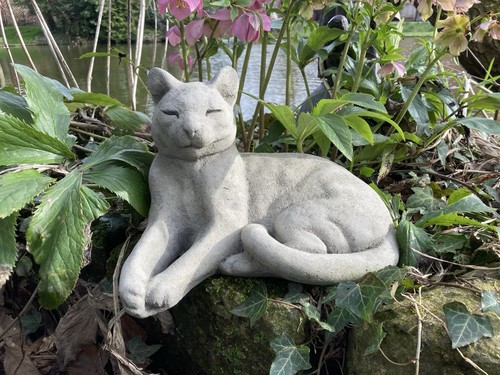 Stone garden reclining cat - stone,
