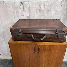 Vintage Brown Suitcase Cow Hide Leather Corners & Handle Prop Retail