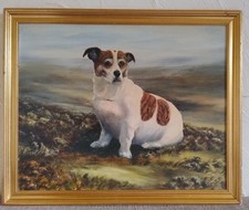 Original Vintage Oil Painting - Jack Russell Terrier Dog in Moorland - Framed