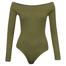 Womens Off Shoulder Bodysuit Ladies Long Sleeve Top Plain Stretch Bardot Leotard