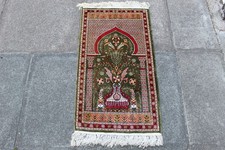 Fine Vintage Hand Made Traditional Oriental Silk Green Samll Rug 89x48cm