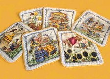 Set Of 6 Vintage Quilted Square Tablemats Rustic Angel Design Sunflowers Birds