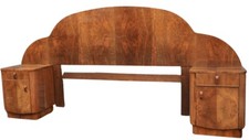 Art Deco Highly Figured Walnut Cloud Headboard and matching bedside cabinets