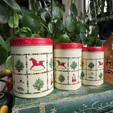 Vintage Christmas Storage Tins X 3 Graduated Santa Rocking Horse Cottagecore