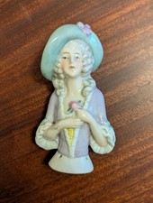 Antique Ceramic Half Doll Pin Cushion Doll -Lilac top & flower, pale green hat 
