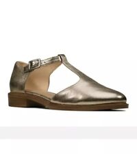 Clarks Ladies T-bar Shoes TAYLOR PALM Stone Metallic Leather UK 4.5 D EU 37.5