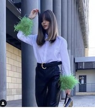 ZARA NEW WOMAN POPLIN SHIRT WITH FEATHER APPLIQUÉS WHITE GREEN XS 2165/003