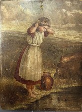 Victorian School : Young Female By A Stream , Oil On A Panel , Unframed
