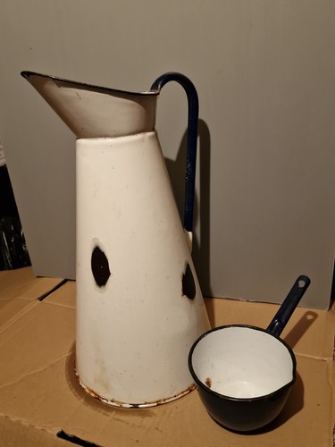 Vintage enamel white - and, blue