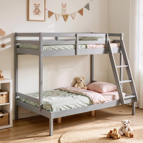 Triple wooden bunk bed grey - in,