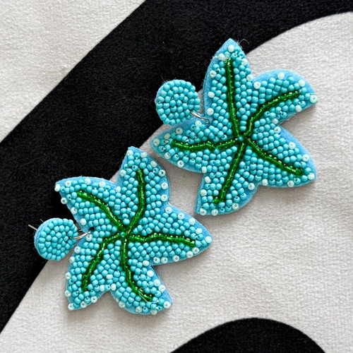 Blue beaded starfish earrings - starfish,