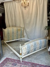 Antique French Carved King Size Bed Frame Louis XVI Style Upholstered Headboard