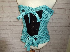 BLUE BLACK SPOTTY SATIN OVERBUST STEEL LACE UP CORSET 28 IN WAIST SIZE 12 TO 14