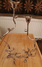 Decorative Pair Of Silver Tone 'Twig/Flower CANDLESTICK HOLDERS heavyweight VGC