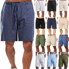 Mens Summer Linen Chino Shorts Elasticated Cotton Loose Casual Beach Half Pants