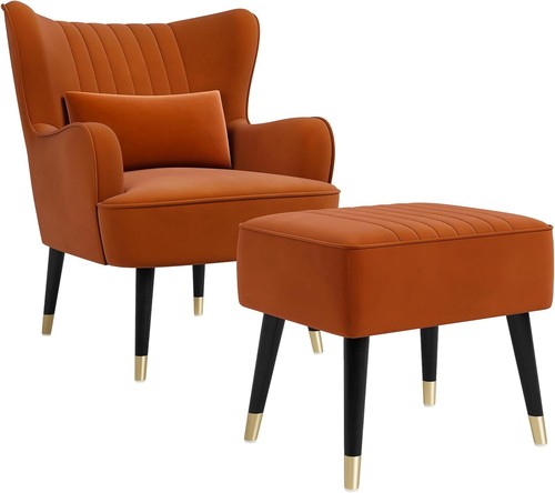 Velvet armchair with footstool - velvet,