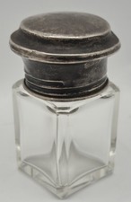 ANTIQUE BOTTLE INKWELL GLASS AND SILVER TOP .