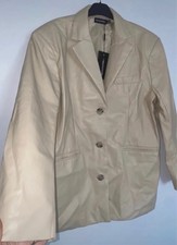 PLT Beige Faux Leather Shoulder Padded Single Breasted Blazer Size UK10