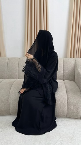 Black lace sleeve abaya - black,