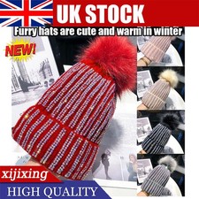 Lady Knitted Beanie Hat Diamond Faux Fur Pom Pom Bobble Hat Winter Warm-Fashion 