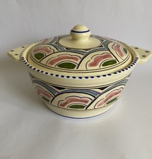 Honiton Pottery Lidded Pot Eastern Scroll Art Deco Hand Painted Vintage Vgc