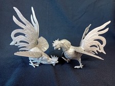 *Vintage Silvered Metal Fighting Cocks. Italy.  Each 4.5" Wide. 6" Tall. G.C.