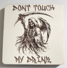 Personalised Grim Reaper Wooden Coaster, Death Scythe Theme Novelty Bar Mat Gift