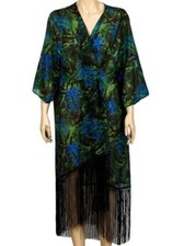 BLACK & GREEN TROPICAL PRINT FRINGED KIMONO JACKET~ BEACH COVER 12-16 18 TO 22 *