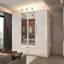 High Gloss 4 Door Hinged Wardrobe 160cm with Mirror, Shelves, Rail and Drawers
