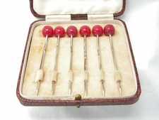 BOXED CHERRY RED ART DECO SOLID SILVER CHERRY TOPPED COCKTAIL STICKS 1929