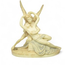 Cupid and Psyche Statue: Aged Patina Greek Mythology Alabaster Art Sculptures