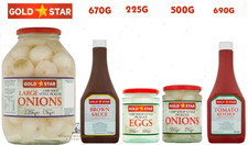 GOLD STAR CHIP SHOP STYLE PICKLED ONIONS-BROWN SAUCE-TOMATO KETCHUP-PICKLED EGGS