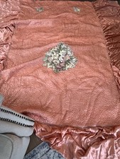 Vtg Satin Bedspread Pink Peach Floral Embroidery 94”x105” Old Hollywood Regency