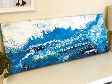 Original Acrylic Fluid Painting, Abstract Painting in Blue and White 80x30cm