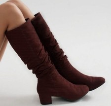 NEW SEASON  ON TREND ROUCHE BROWN FAUX SUEDE KNEE BOOT INSIDE ZIP LOW HEEL
