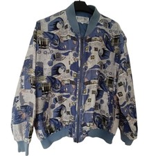 Vintage Whitby Unisex Washed Silk Bomber Jacket Blue Abstract Pattern F1