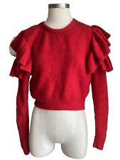 Zara Knit Jumper Size M Mohair Wool Mix Ruffle Cropped Round Neck Red