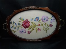 Vintage Embroidered Tapestry Wood Framed Oval Vanity Dressing Table Tray