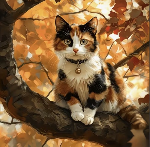 Calico tortoiseshell cat - , tree
