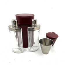 Vintage Whisky Glass Hip Flask Red Leather Case Hunting Set With Cups x4